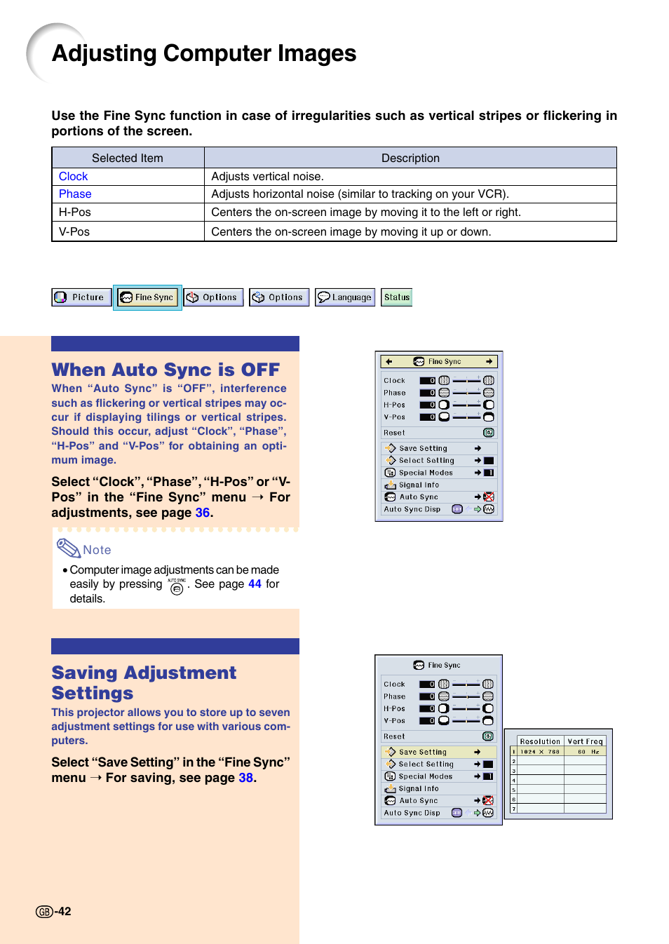 Adjusting computer images, When auto sync is off, Saving adjustment settings | Sharp PG-M20X User Manual | Page 46 / 86