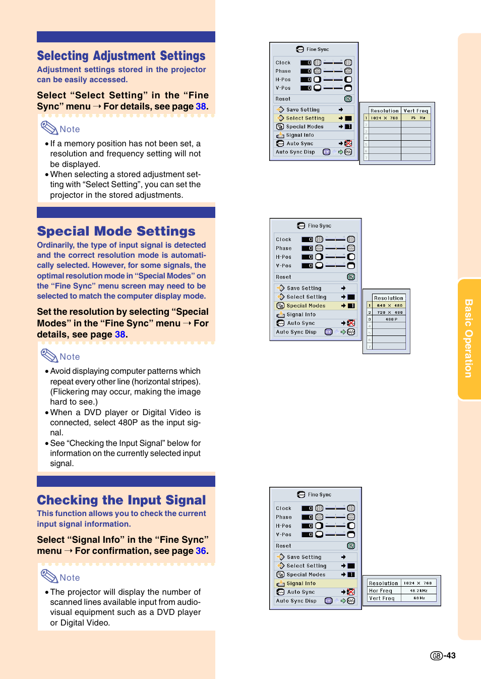Selecting adjustment settings, Special mode settings, Checking the input signal | Sharp PG-M20X User Manual | Page 47 / 86