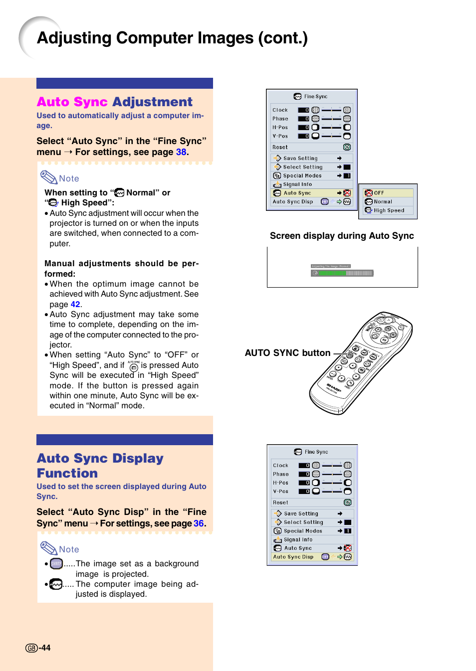 Auto sync adjustment, Auto sync display function, Adjusting computer images (cont.) | Sharp PG-M20X User Manual | Page 48 / 86