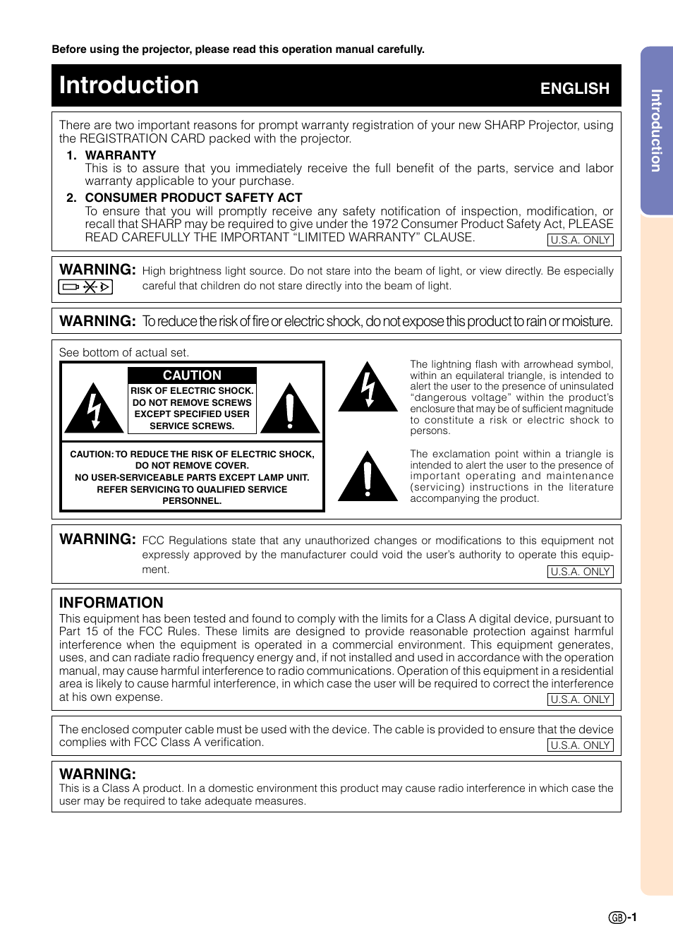 Introduction, Intr, Oduction | English, Warning, Information, Intr oduction | Sharp PG-M20X User Manual | Page 5 / 86