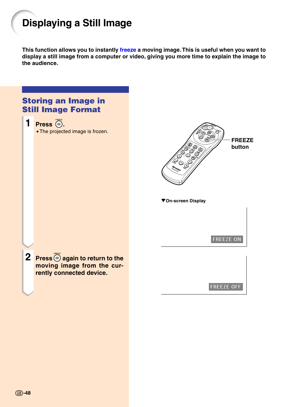 Displaying a still image, Storing an image in still image format | Sharp PG-M20X User Manual | Page 52 / 86