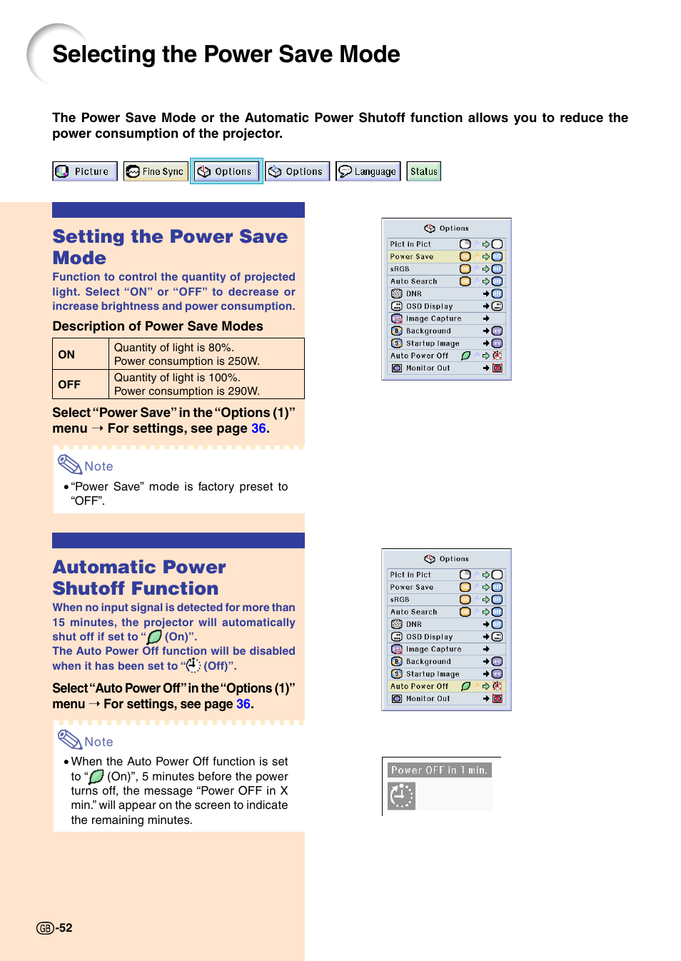 Selecting the power save mode, Setting the power save mode, Automatic power shutoff function | Sharp PG-M20X User Manual | Page 56 / 86