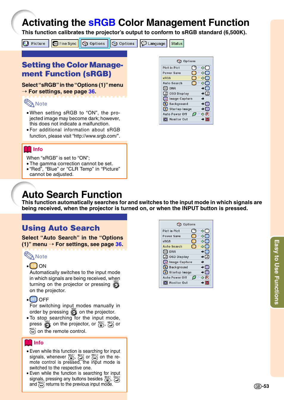 Activating the srgb color management function, Auto search function, Activating the srgb color management | Function, Activ ating the srgb color man agement function, Using auto search, Setting the color manage- ment function (srgb) | Sharp PG-M20X User Manual | Page 57 / 86