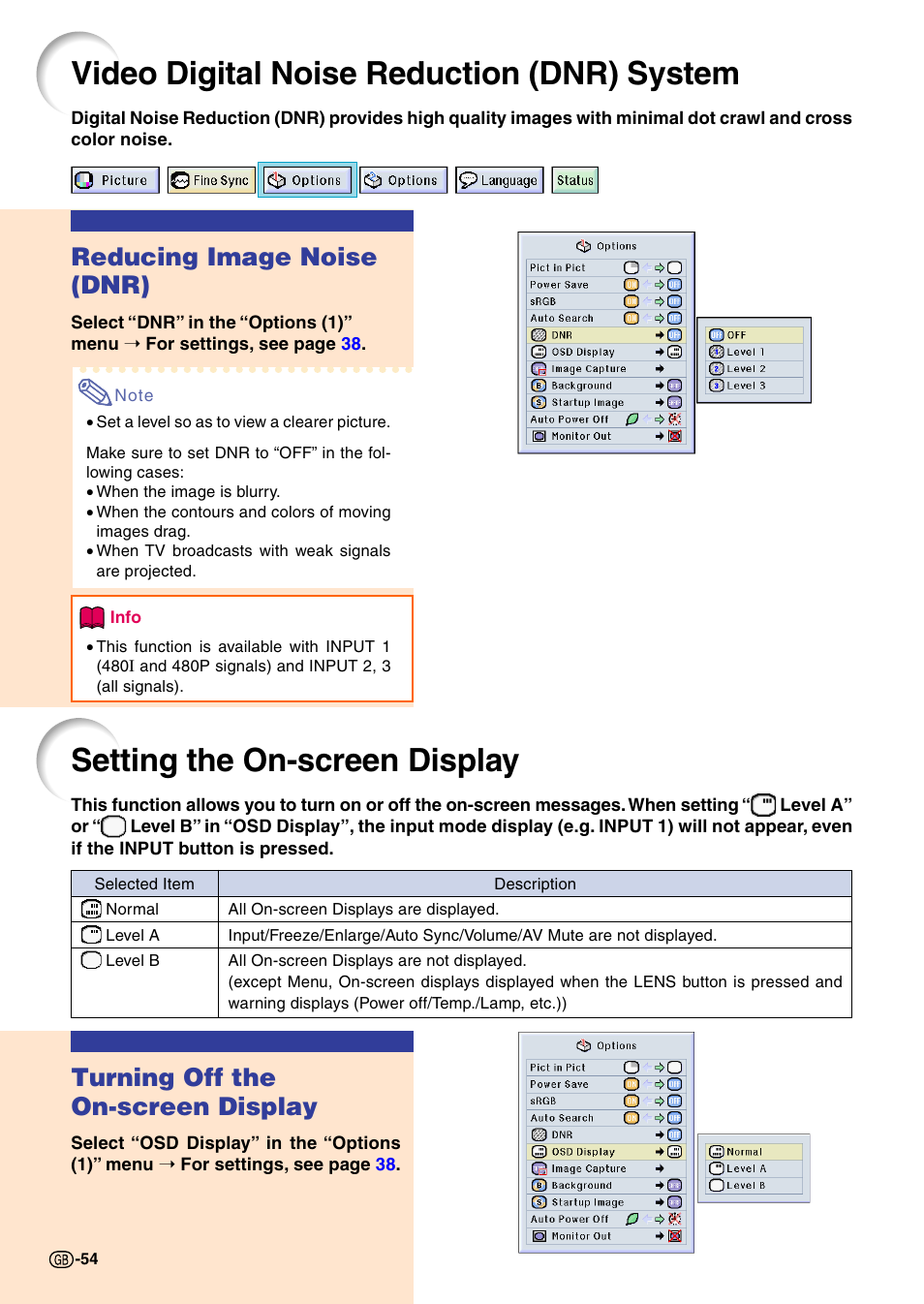 Video digital noise reduction (dnr) system, Setting on-screen display, Setting the on-screen display | Reducing image noise (dnr), Turning off the on-screen display | Sharp PG-M20X User Manual | Page 58 / 86