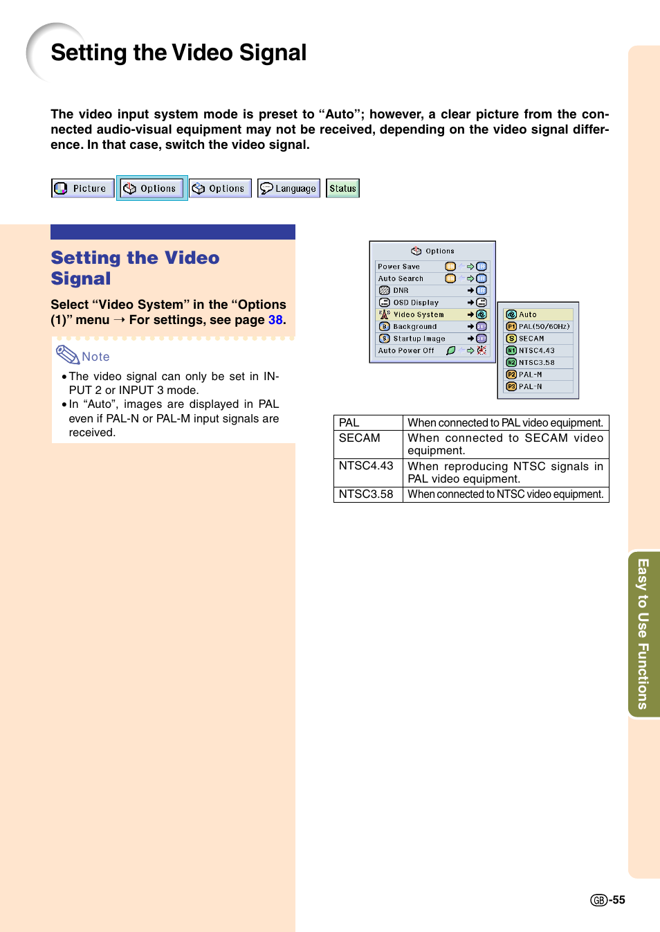 Setting the video signal | Sharp PG-M20X User Manual | Page 59 / 86