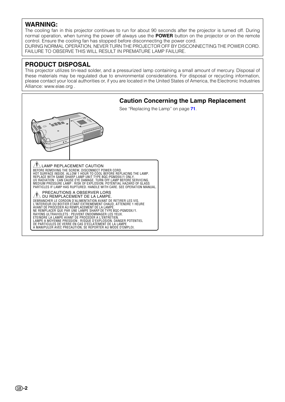 Warning, Product disposal, Caution concerning the lamp replacement | Sharp PG-M20X User Manual | Page 6 / 86