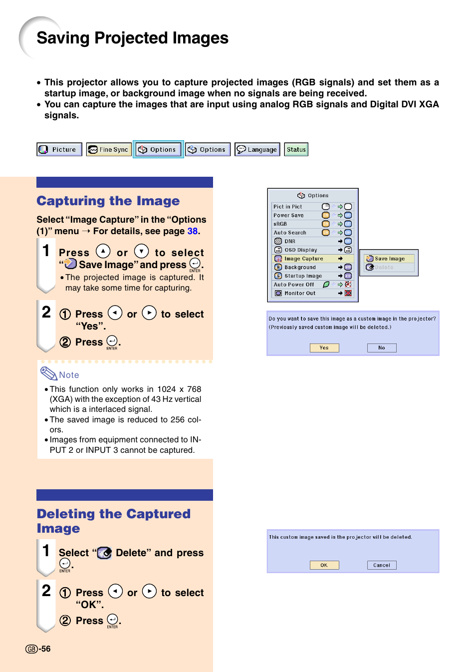 Saving projected images, Capturing the image, Deleting the captured image | Sharp PG-M20X User Manual | Page 60 / 86