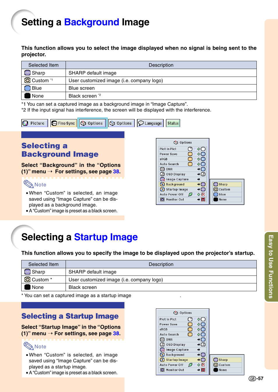 Setting a background image, Selecting a startup image, Setting a background im age | Selecting a background image | Sharp PG-M20X User Manual | Page 61 / 86
