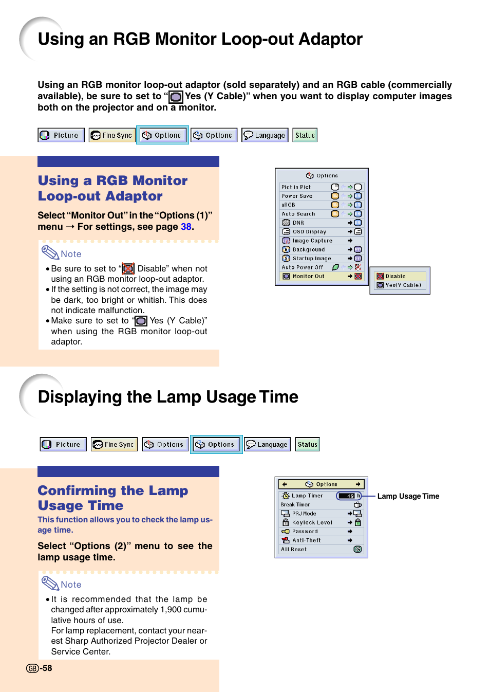 Using an rgb monitor loop-out adaptor, Displaying the lamp usage time, Using a rgb monitor loop-out adaptor | Confirming the lamp usage time | Sharp PG-M20X User Manual | Page 62 / 86