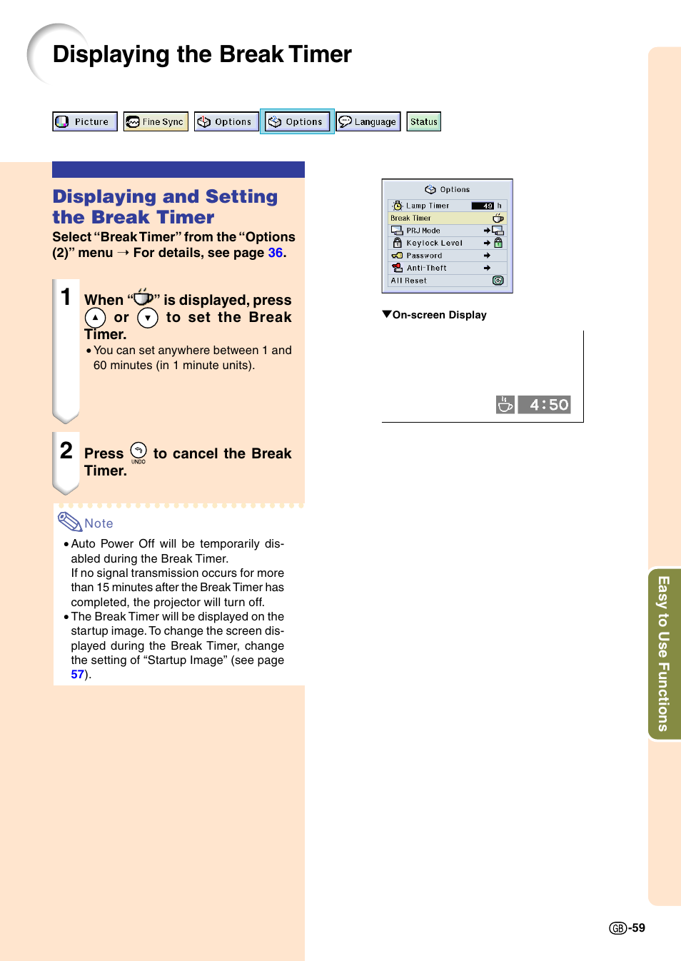 Displaying the break timer, Displaying and setting the break timer | Sharp PG-M20X User Manual | Page 63 / 86