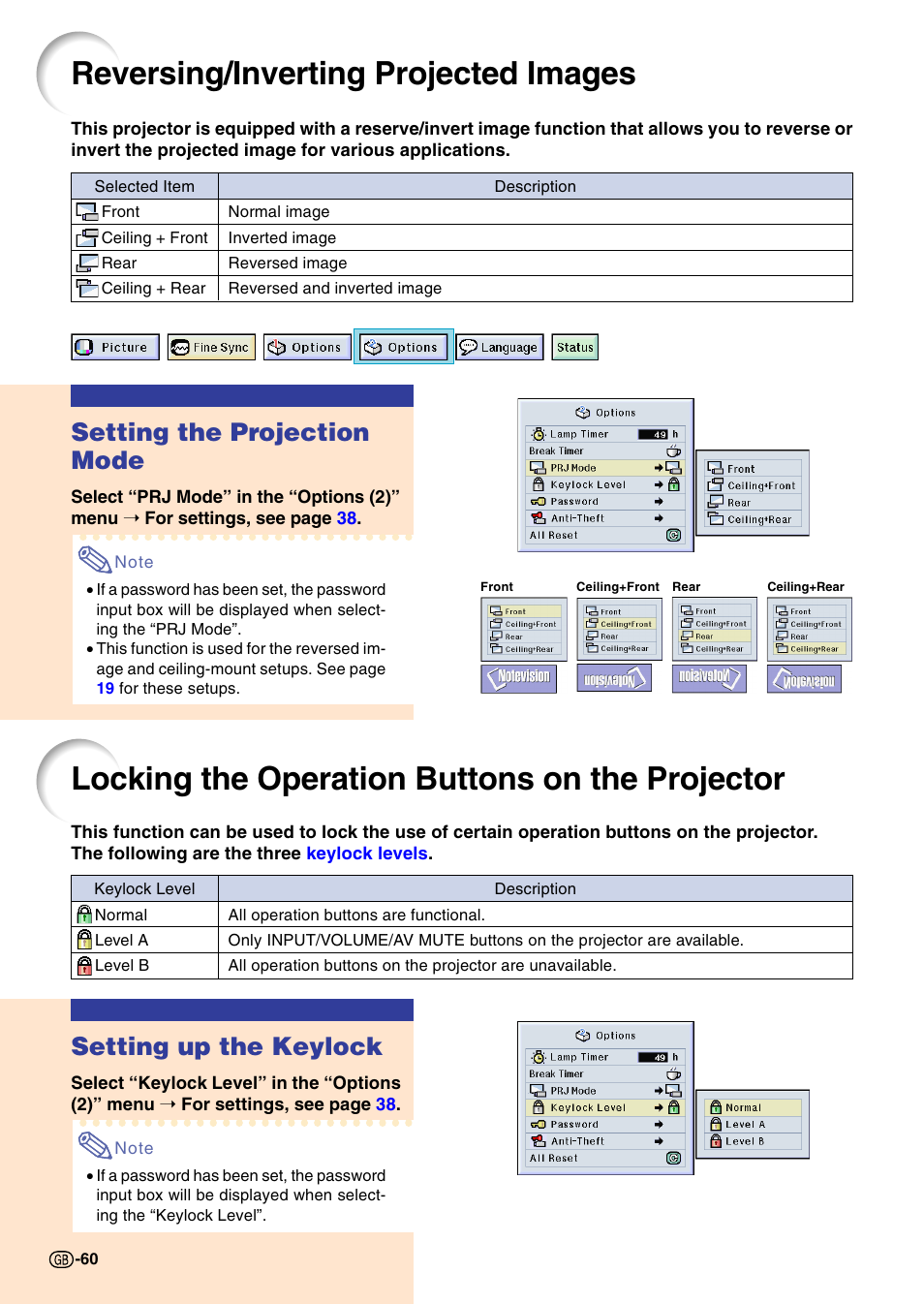 Reversing/inverting projected images, Locking the operation buttons on the projector, Setting up the keylock | Locking the operation, Buttons on the projector, P.60, Setting the projection mode | Sharp PG-M20X User Manual | Page 64 / 86