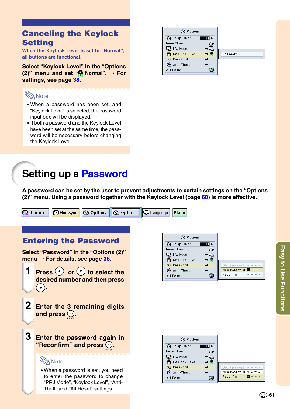 Canceling the keylock setting, Setting up a password, Entering the password | Sharp PG-M20X User Manual | Page 65 / 86