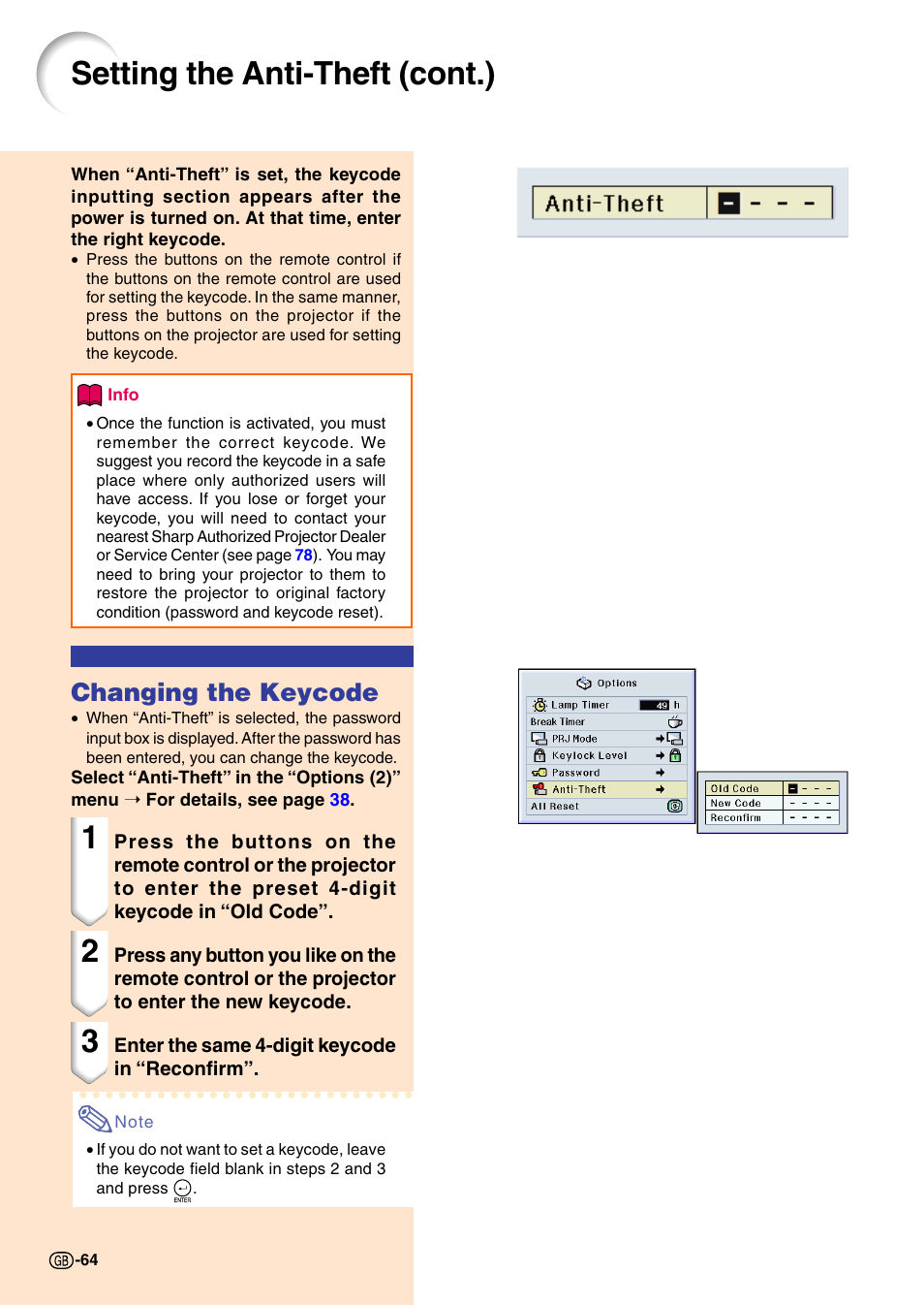Changing the keycode, Setting the anti-theft (cont.) | Sharp PG-M20X User Manual | Page 67 / 86