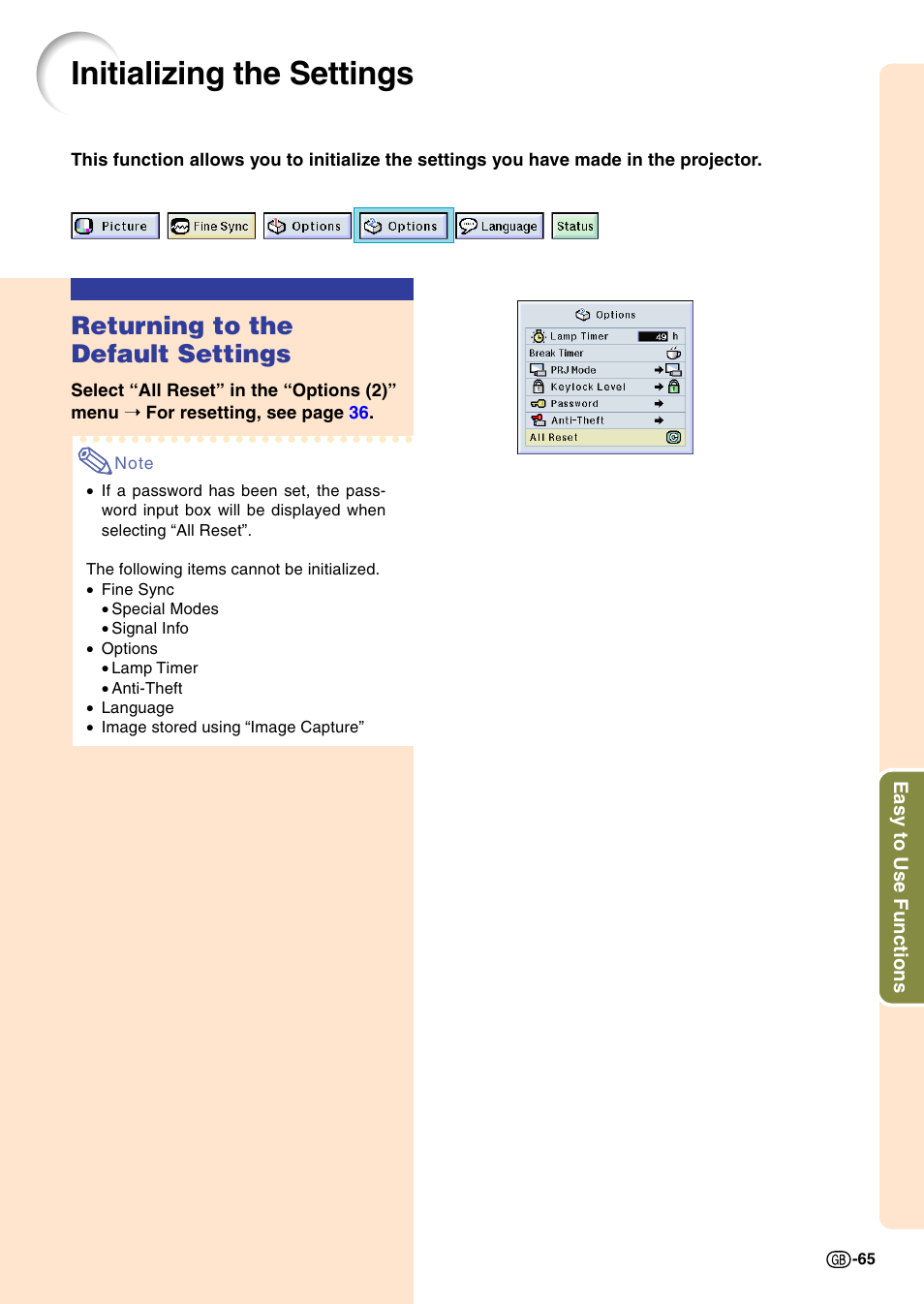 Initializing the settings, Returning to the default settings | Sharp PG-M20X User Manual | Page 68 / 86