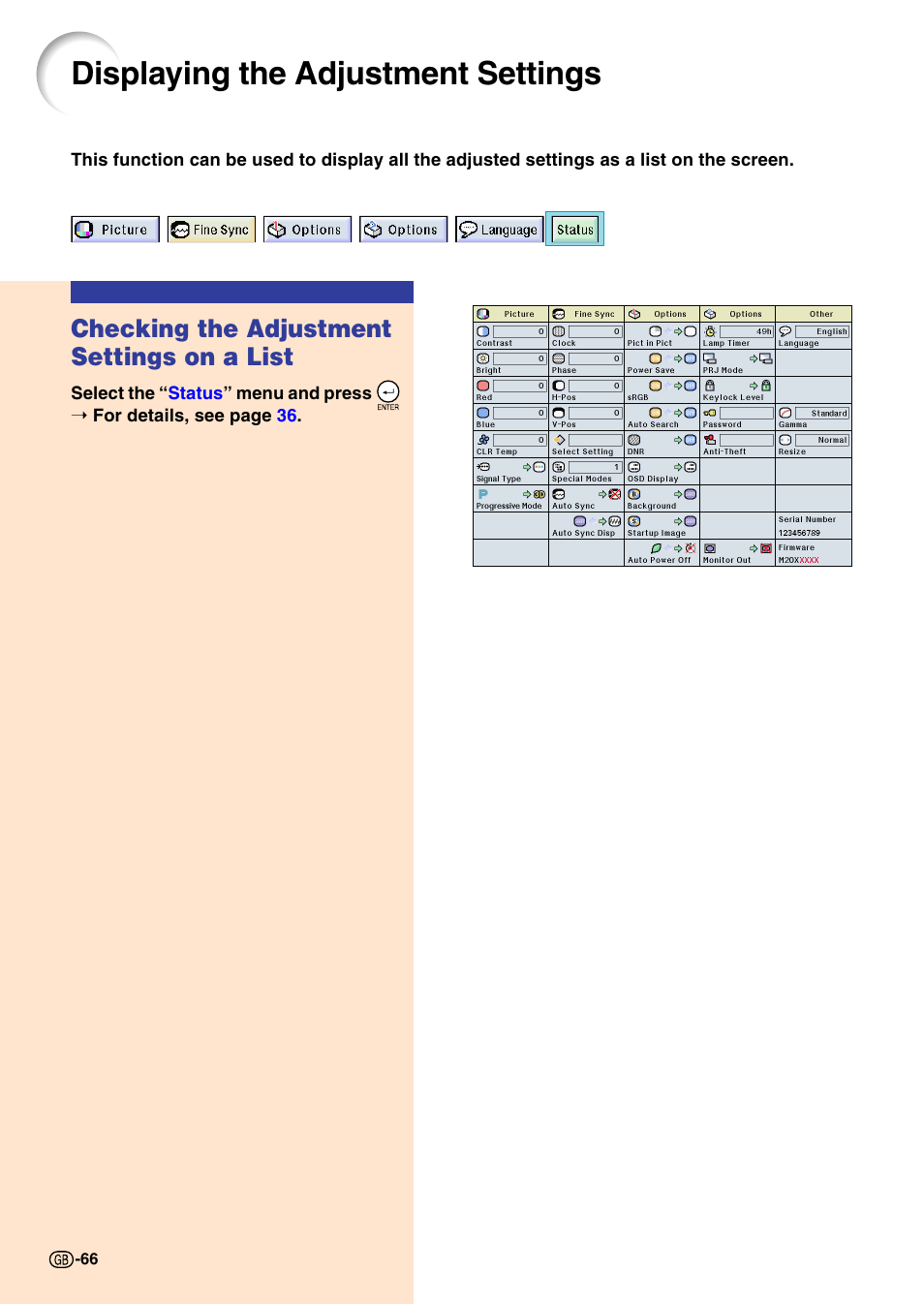 Displaying the adjustment settings, Checking the adjustment settings on a list | Sharp PG-M20X User Manual | Page 69 / 86