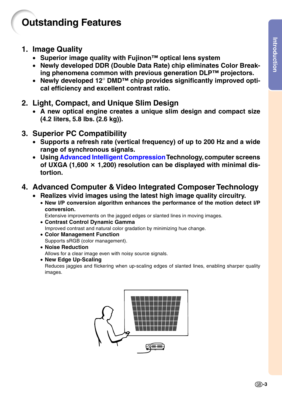 Outstanding features, Image quality, Light, compact, and unique slim design | Superior pc compatibility | Sharp PG-M20X User Manual | Page 7 / 86