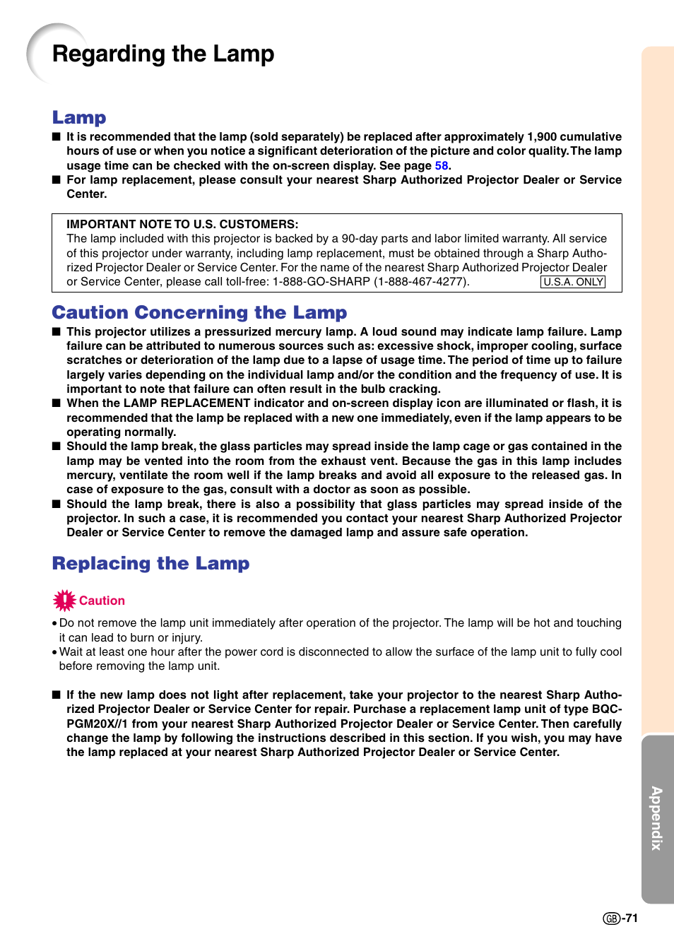 Regarding the lamp, Lamp, Caution concerning the lamp | Replacing the lamp | Sharp PG-M20X User Manual | Page 74 / 86