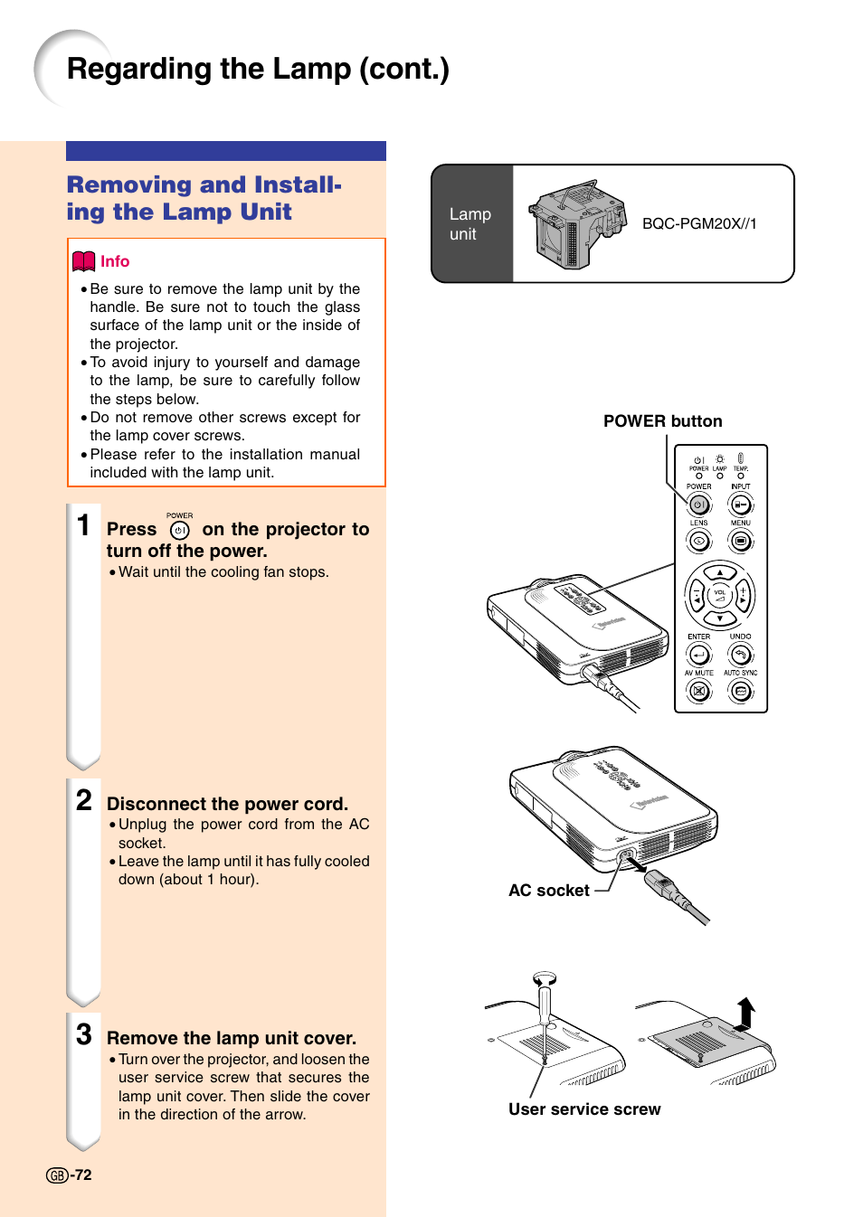 Removing and installing the lamp unit, Regarding the lamp (cont.), Removing and install- ing the lamp unit | Sharp PG-M20X User Manual | Page 75 / 86