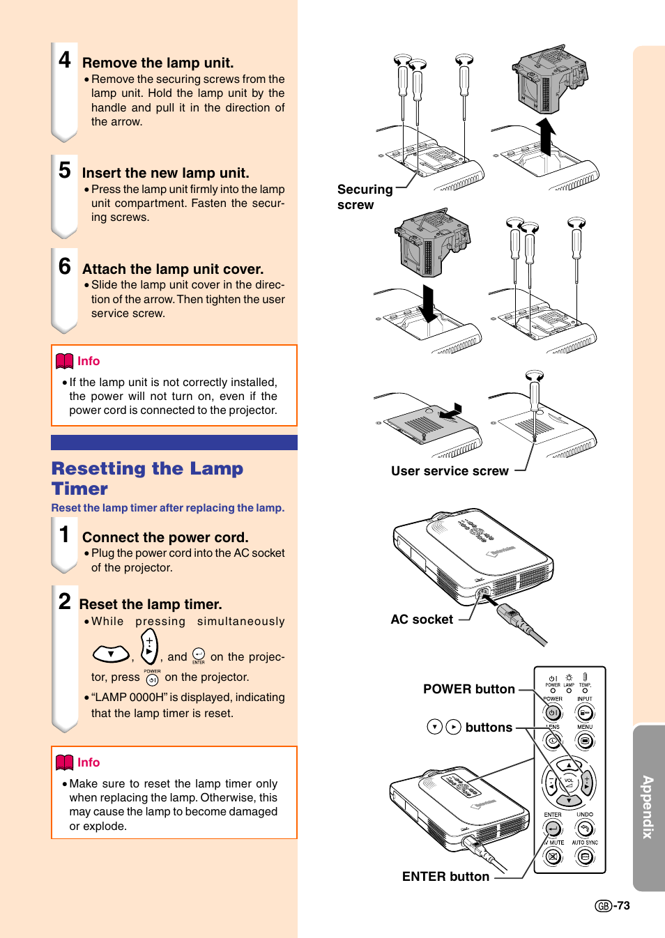 Resetting the lamp timer | Sharp PG-M20X User Manual | Page 76 / 86
