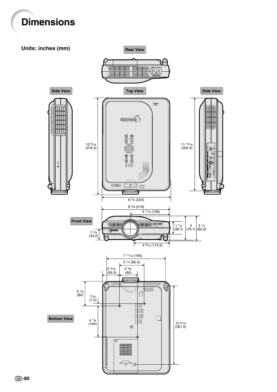 Dimensions, Units: inches (mm) | Sharp PG-M20X User Manual | Page 83 / 86