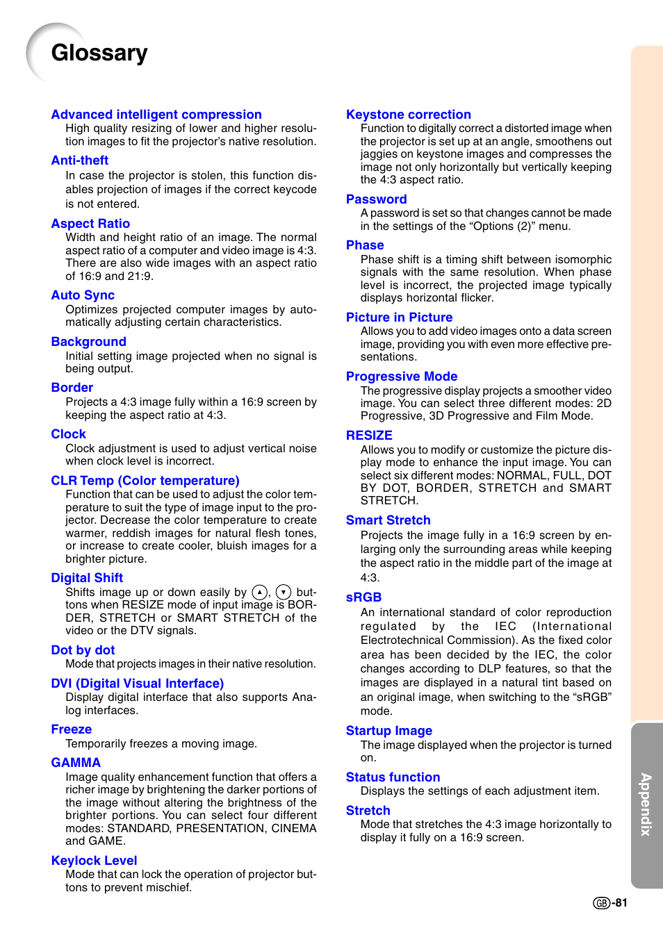 Glossary, To 15-pin, Keystone correction | Digital shift setting, Clr temp, Progressive mode, Clock, Phase, Auto sync, Adjustment | Sharp PG-M20X User Manual | Page 84 / 86