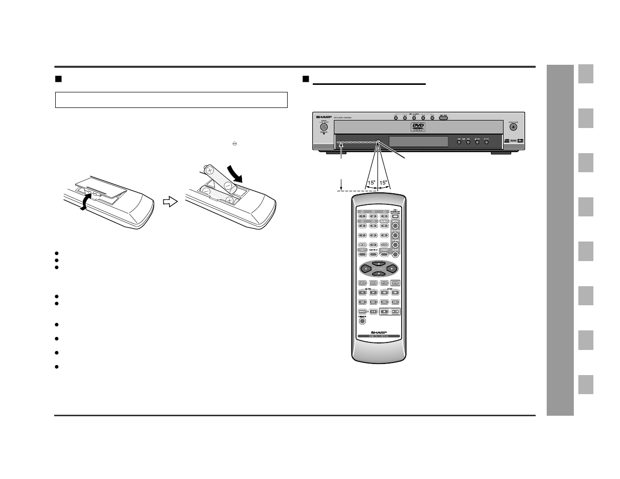 Remote control, Battery installation 1, Remote control range | Sharp DV-AT4000 User Manual | Page 15 / 40