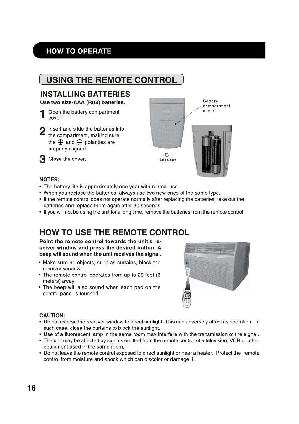 Using the remote control, Installing batteries, How to use the remote control | Sharp AF-S80RX User Manual | Page 16 / 20