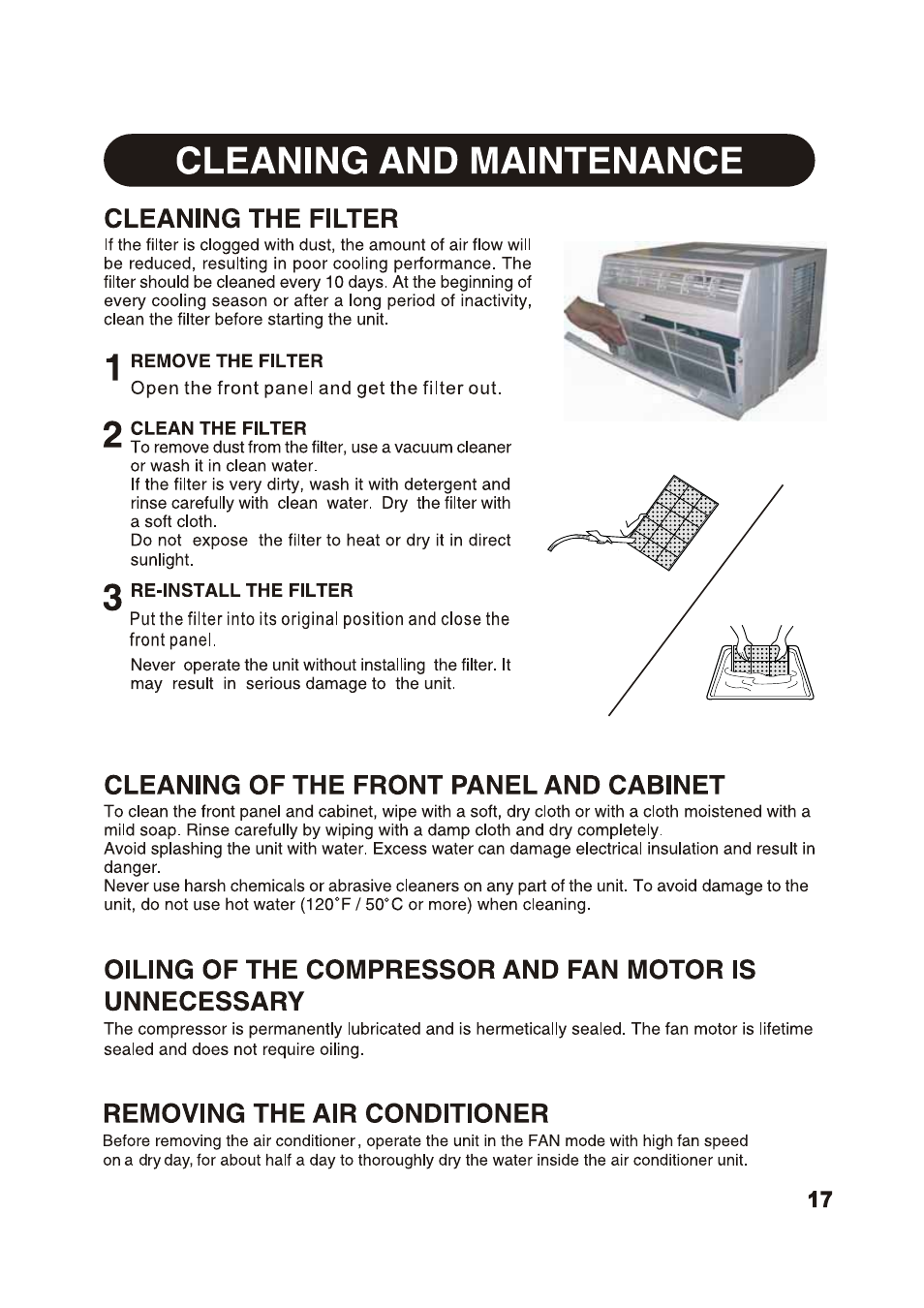 Cleaning and maintenance, Cleaning the filter, Remove the filter | Open the front panel and get the filter out, O clean the filter, 2 re-install the filter, Cleaning of the front paneland cabinet, Removing the air conditioner | Sharp AF-S80RX User Manual | Page 17 / 20