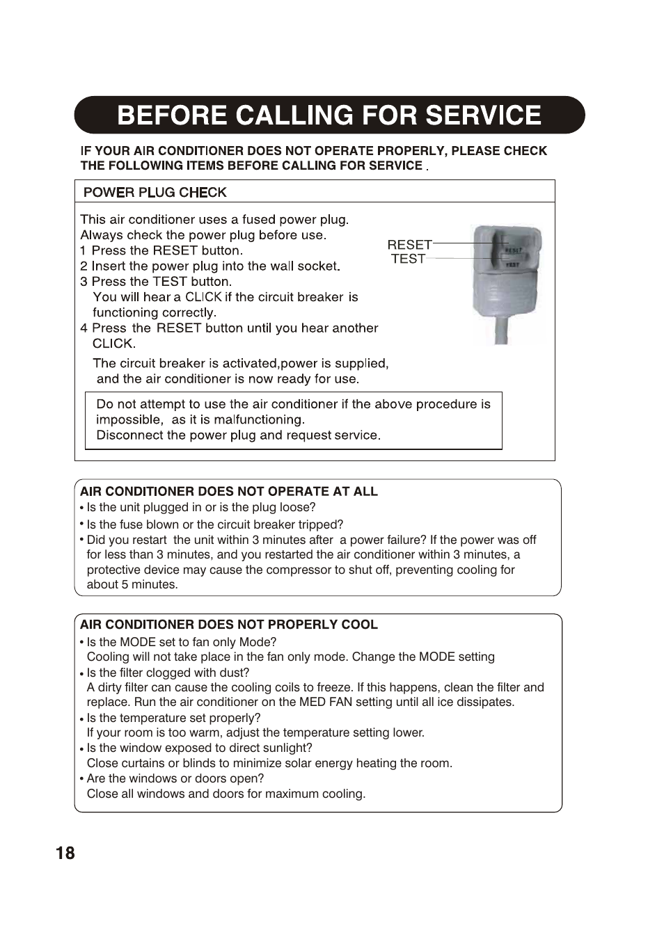 Before calling for service, Power plug check, 1 press the reset button | 2 insert the power plug into the wall socket, 3 press the test button, Air conditioner does not operate at all, Air conditioner does not properly cool | Sharp AF-S80RX User Manual | Page 18 / 20