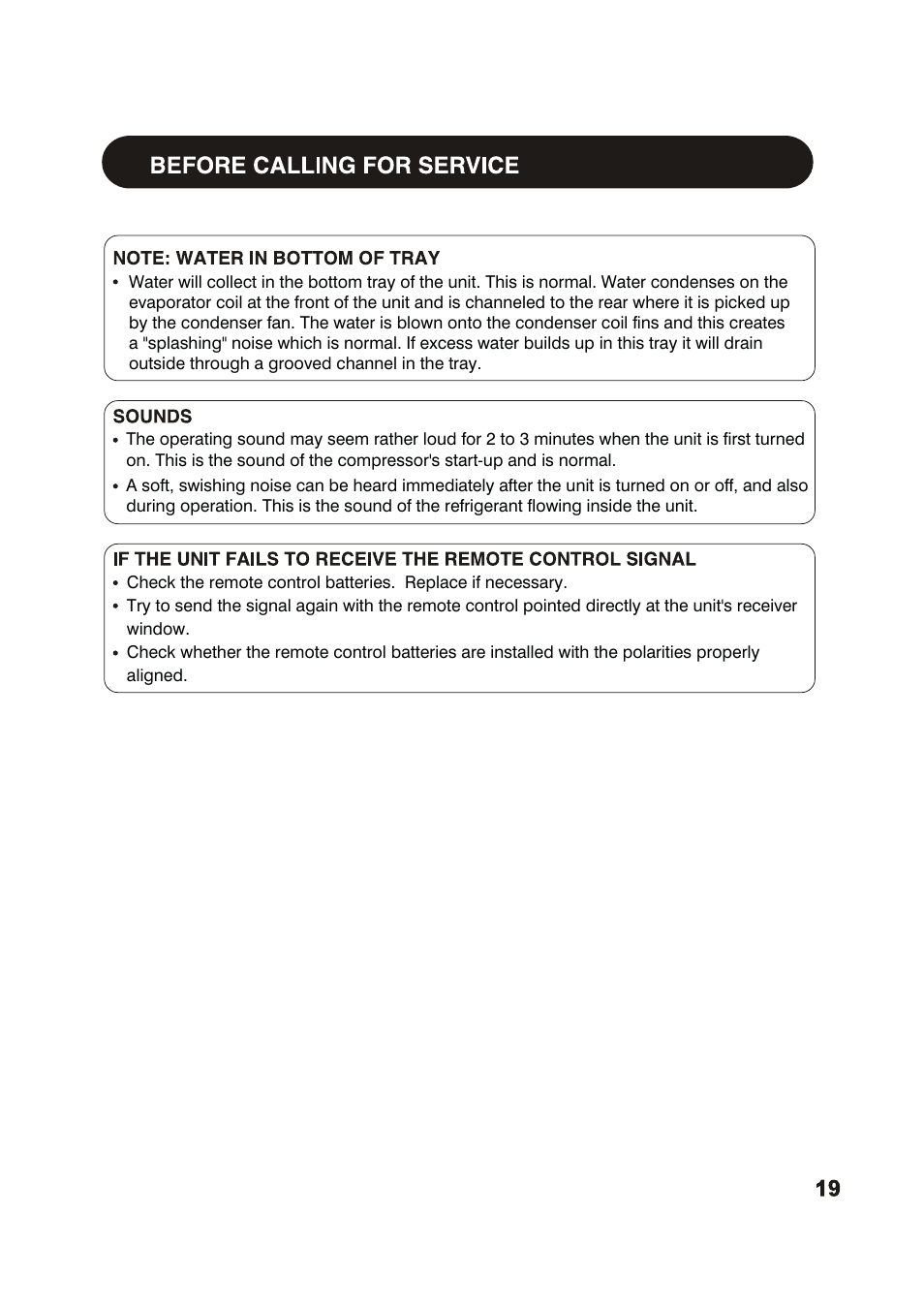 Note: water in bottom of tray, Sounds, Before calling for service | Sharp AF-S80RX User Manual | Page 19 / 20