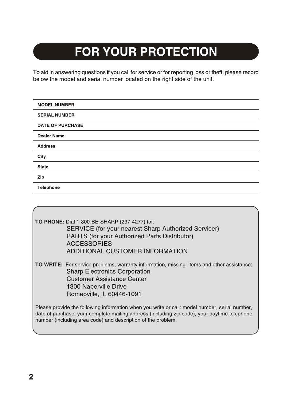 For your protection | Sharp AF-S80RX User Manual | Page 2 / 20