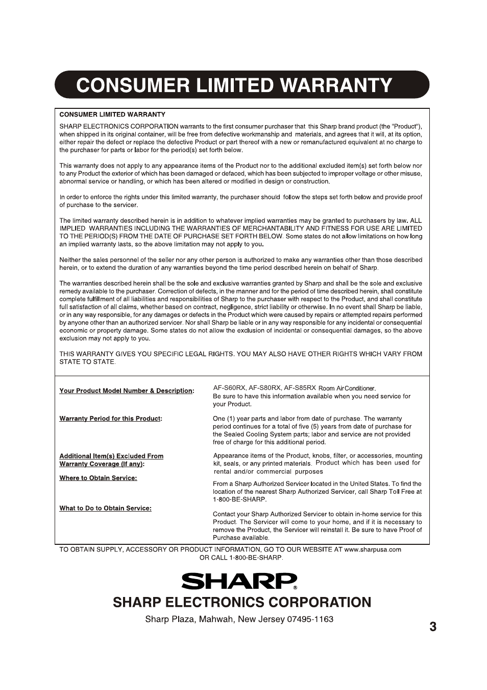 Consumer limited warranty, Sharp electronics corporation | Sharp AF-S80RX User Manual | Page 3 / 20