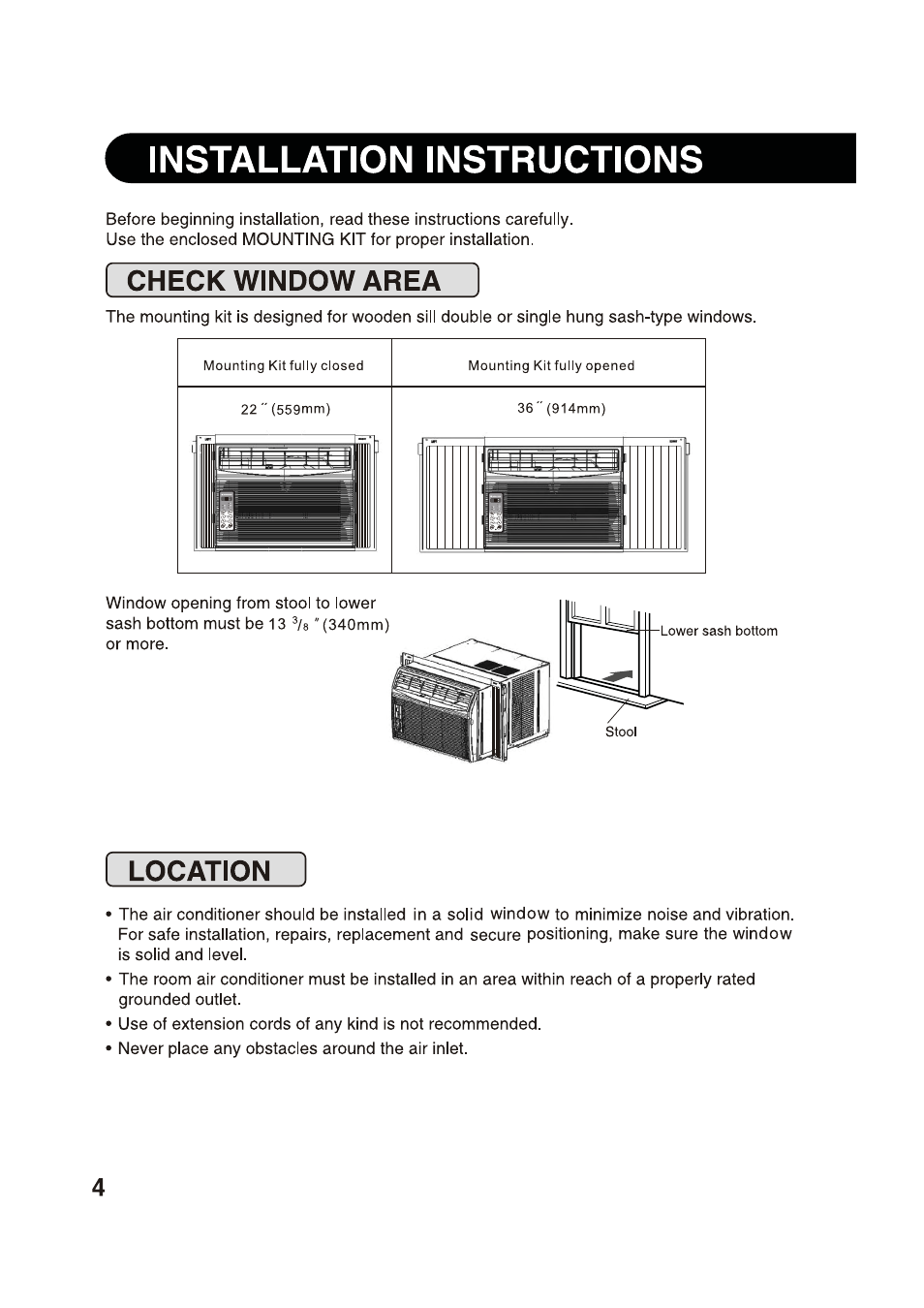 Installation instructions, Check window area, Location | Check window area • location | Sharp AF-S80RX User Manual | Page 4 / 20