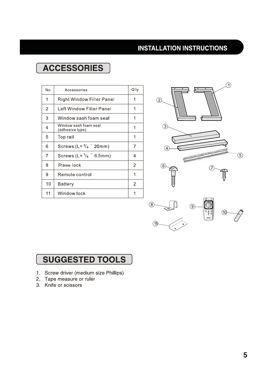 Accessories, Suggested tools, Accessories • suggested tools | Installation instructions | Sharp AF-S80RX User Manual | Page 5 / 20