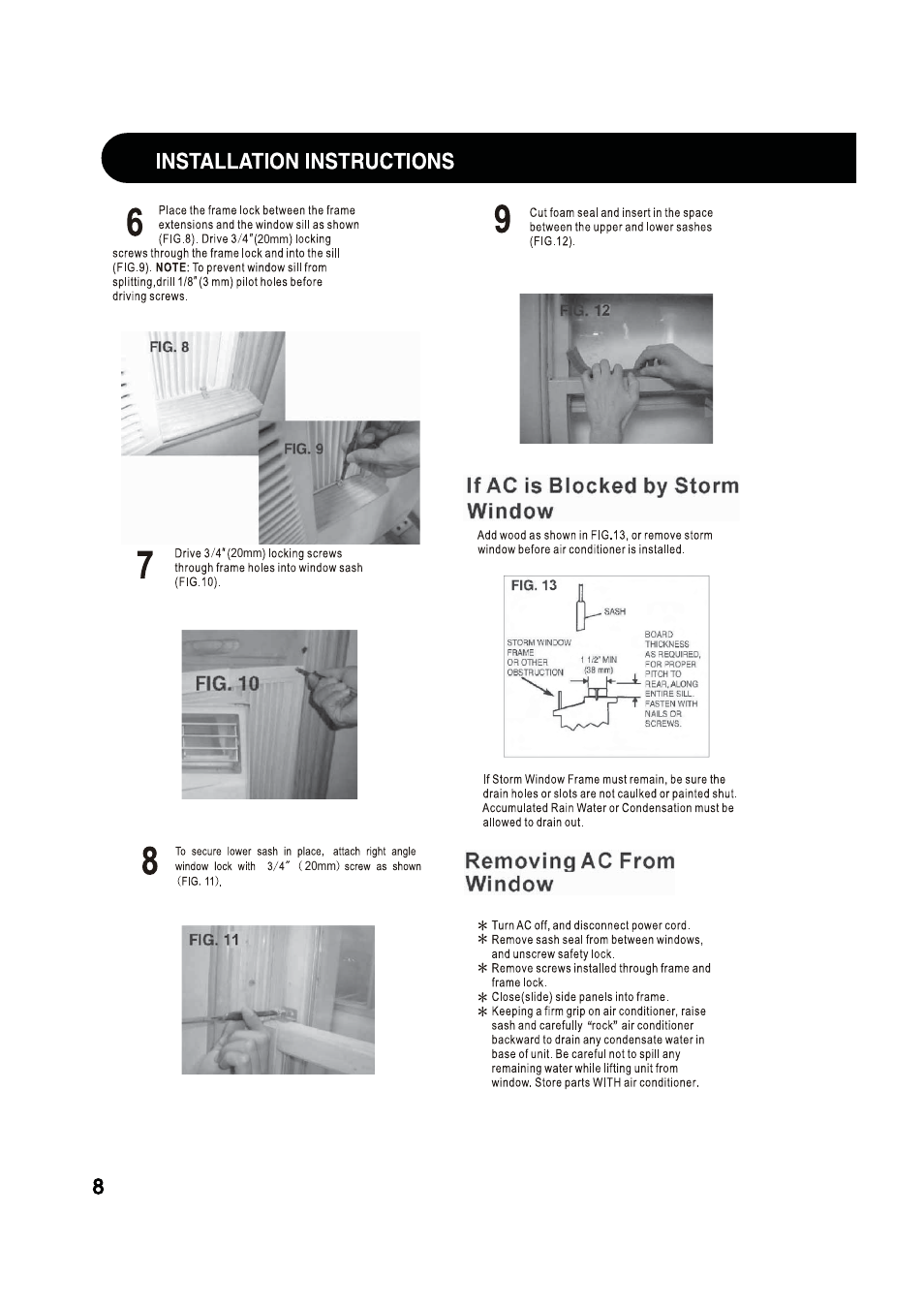 If ac is blocked by storm window, Removing ac from window, Installation instructions | Sharp AF-S80RX User Manual | Page 8 / 20