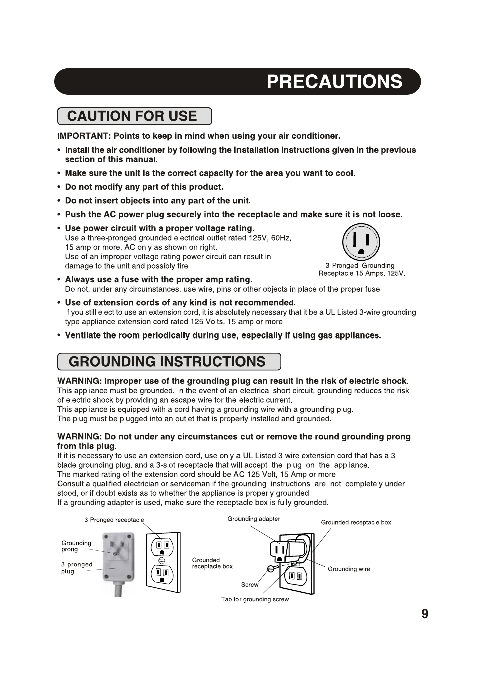 Precautions, Caution for use, Do not modify any part of this product | Do not insert objects into any part of the unit, Use power circuit with a proper voitage rating, Always use a fuse with the proper amp rating, Grounding instructions, Caution for use • grounding instructions | Sharp AF-S80RX User Manual | Page 9 / 20