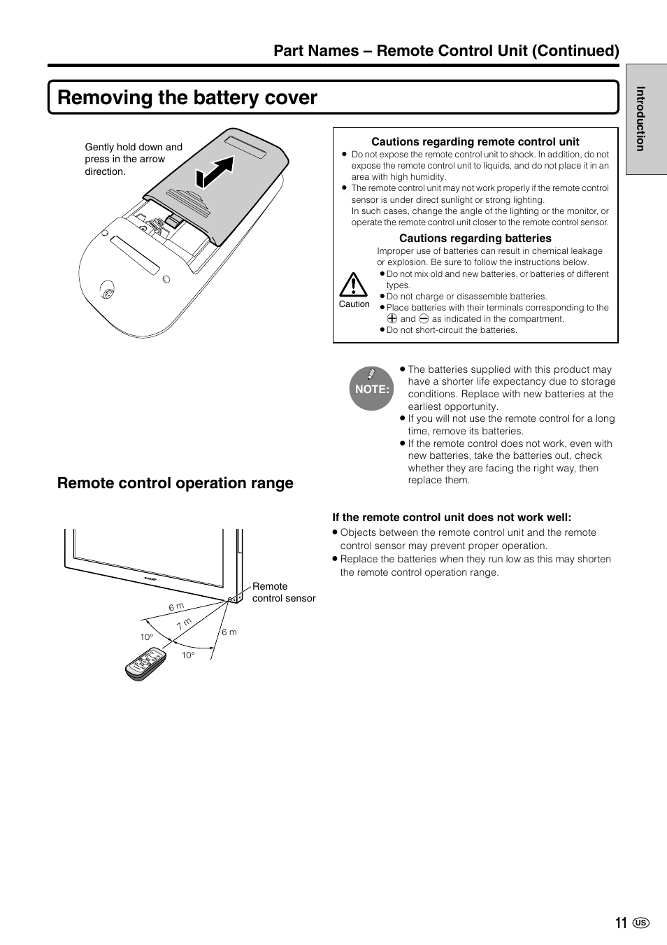 Removing the battery cover, Remote control operation range, Part names – remote control unit (continued) | Sharp LC-M3700 User Manual | Page 12 / 73