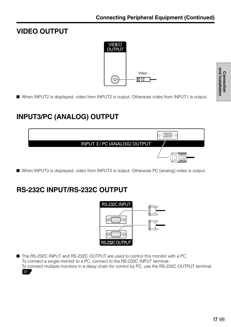 Video output, Input3/pc (analog) output | Sharp LC-M3700 User Manual | Page 18 / 73