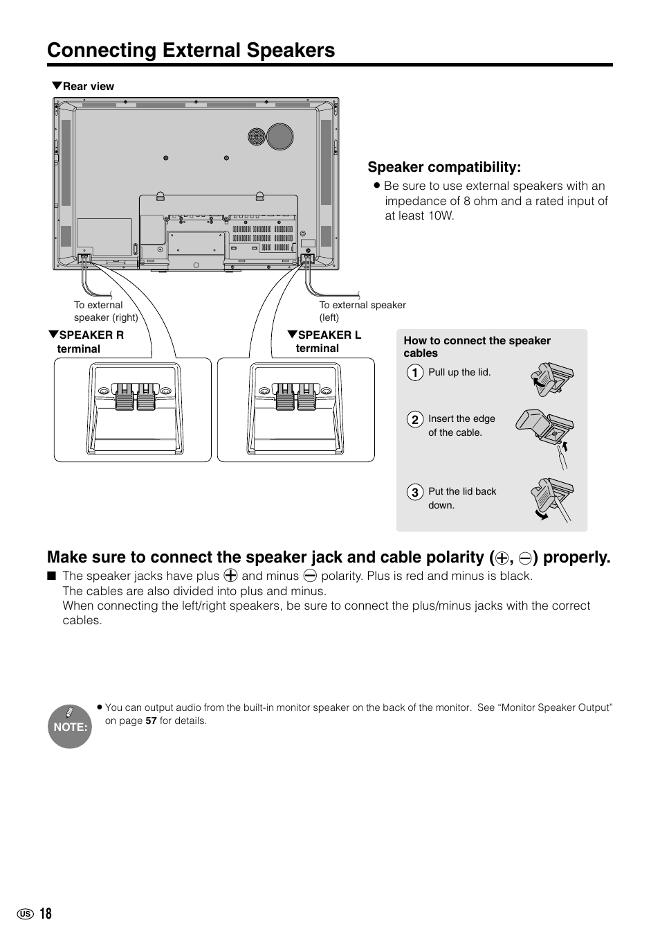 Connecting external speakers, Properly | Sharp LC-M3700 User Manual | Page 19 / 73
