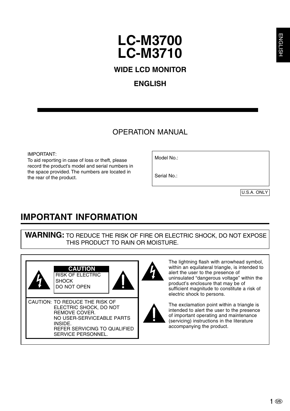 Important information, Warning, Wide lcd monitor english operation manual | Sharp LC-M3700 User Manual | Page 2 / 73