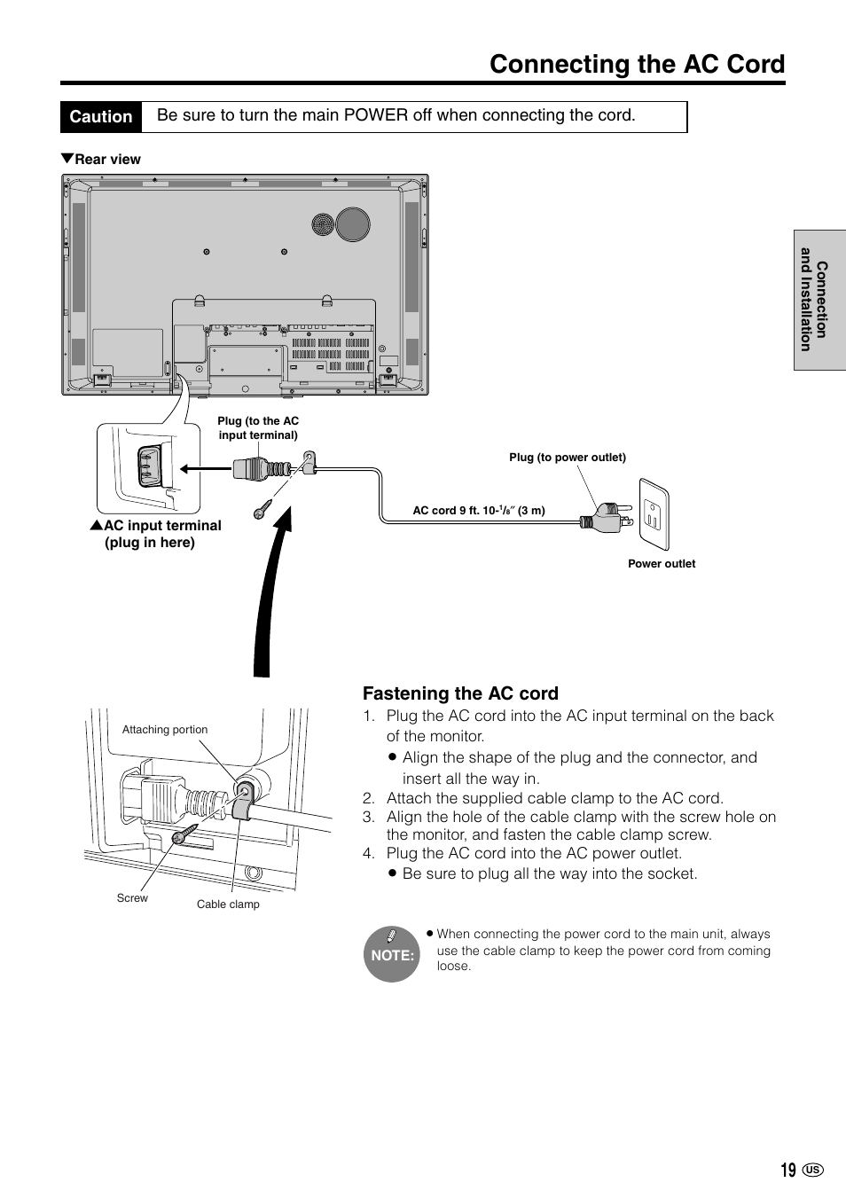 Connecting the ac cord, Fastening the ac cord | Sharp LC-M3700 User Manual | Page 20 / 73