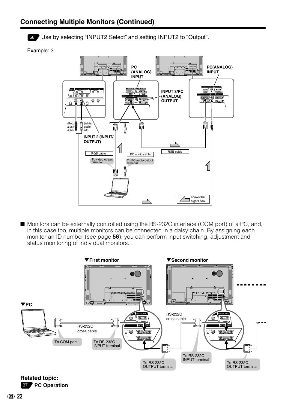 22 connecting multiple monitors (continued), Related topic | Sharp LC-M3700 User Manual | Page 23 / 73