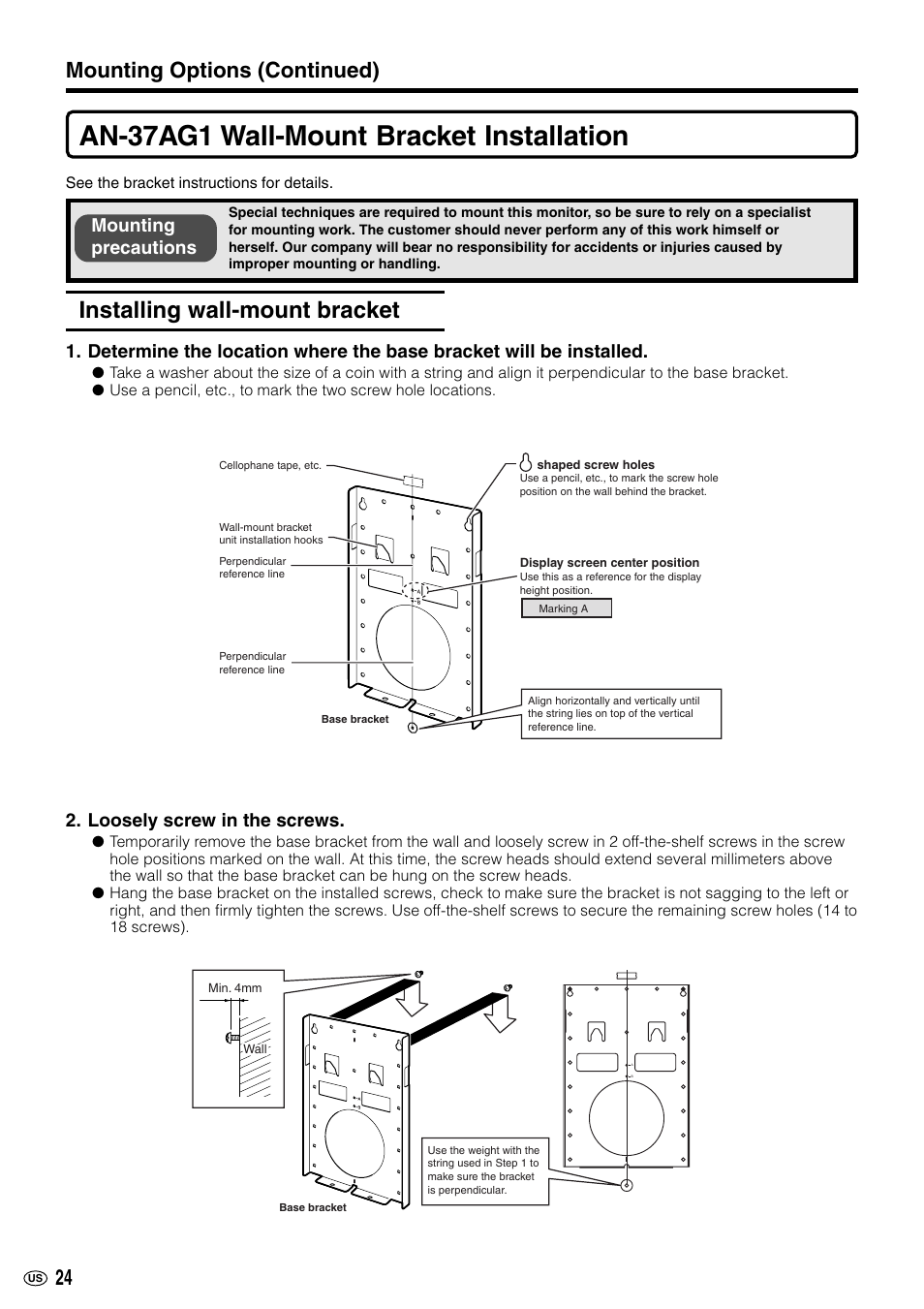 An-37ag1 wall-mount bracket installation, Installing wall-mount bracket, 24 mounting options (continued) | Loosely screw in the screws, Mounting precautions | Sharp LC-M3700 User Manual | Page 25 / 73