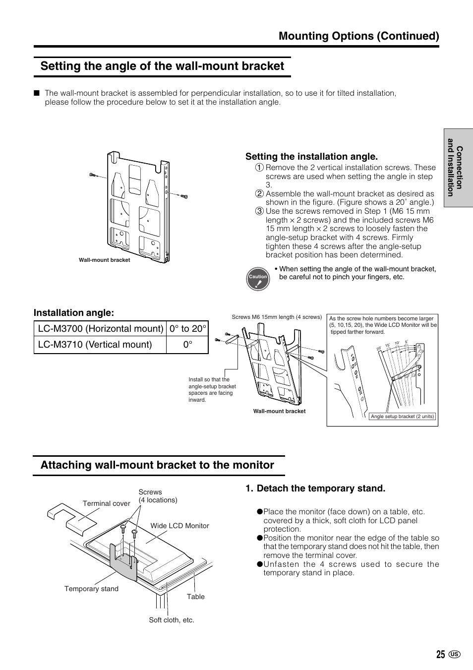 Setting the angle of the wall-mount bracket, Attaching wall-mount bracket to the monitor, Mounting options (continued) | Setting the installation angle, Detach the temporary stand | Sharp LC-M3700 User Manual | Page 26 / 73