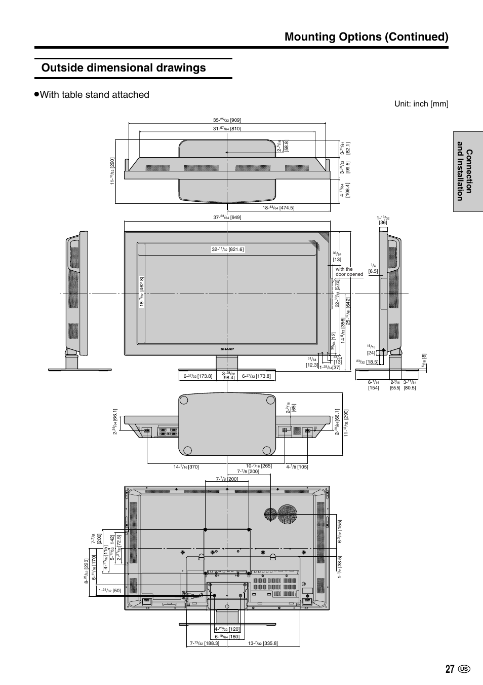 Outside dimensional drawings, Mounting options (continued), With table stand attached | Connection and installation, Unit: inch [mm | Sharp LC-M3700 User Manual | Page 28 / 73