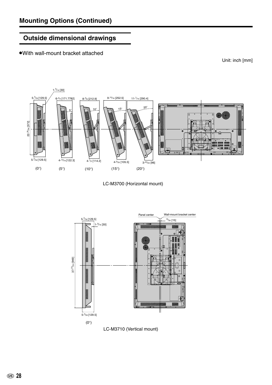 With wall-mount bracket attached, Lc-m3700 (horizontal mount), Unit: inch [mm | Lc-m3710 (vertical mount) | Sharp LC-M3700 User Manual | Page 29 / 73