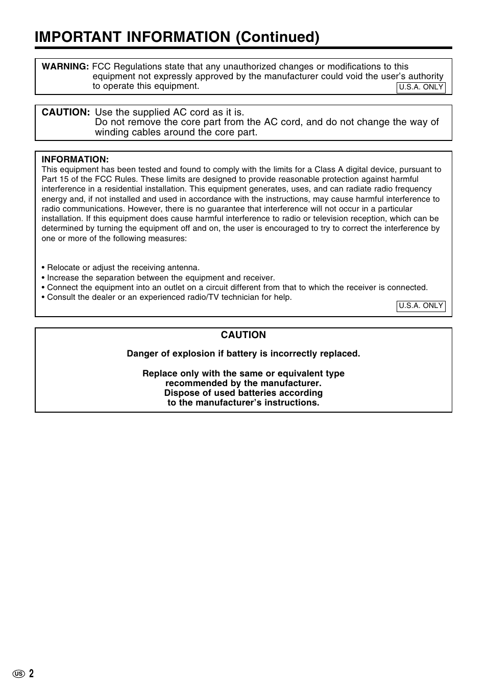 Important information (continued) | Sharp LC-M3700 User Manual | Page 3 / 73