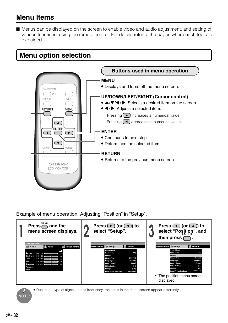 Menu items, Menu option selection, Buttons used in menu operation | Menu, Up/down/left/right (cursor control) return, Enter, Press | Sharp LC-M3700 User Manual | Page 33 / 73