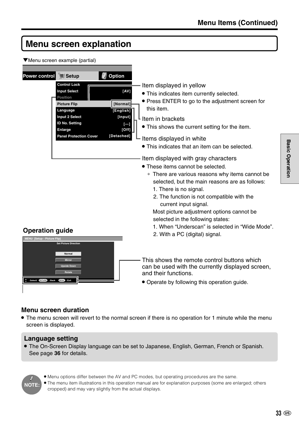 Menu screen explanation, Menu items (continued), Menu screen duration | Language setting, Operation guide, Item displayed in yellow, Item displayed with gray characters, Items displayed in white | Sharp LC-M3700 User Manual | Page 34 / 73
