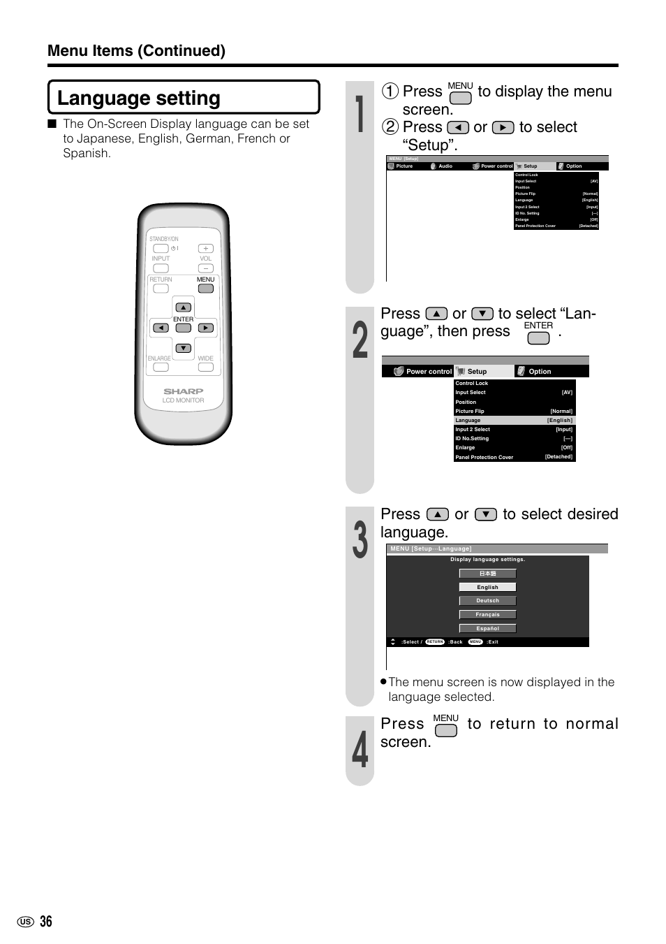 Language setting, Menu items (continued), 1 press | Press or to select “lan- guage”, then press, Press or to select desired language, Press | Sharp LC-M3700 User Manual | Page 37 / 73